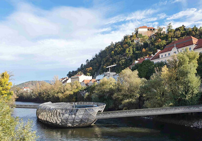 Graz: Murinsel Café na ostrově Aiola Island na řece Mur (2003, Vito Acconci)